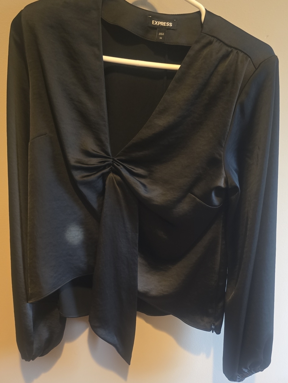 Express Black Satin Twist-Front Long Sleeve Top
